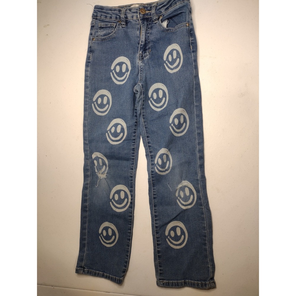 YMI Girl Straight Leg Jeans Blue Denim Smiley Face‎ Print Kids Size 8